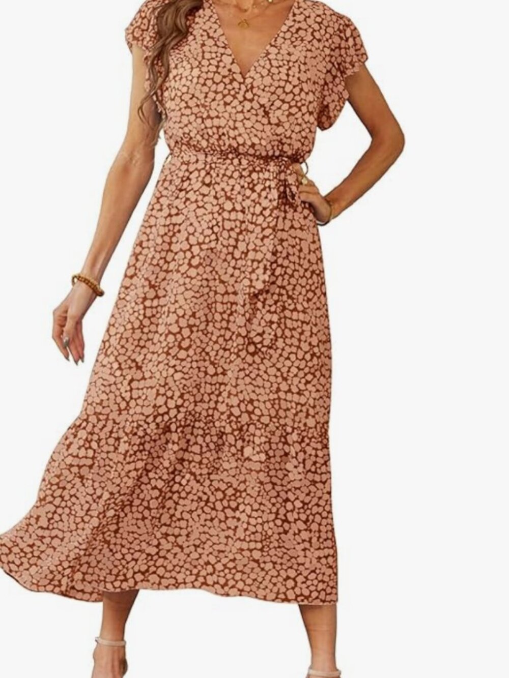 PRETTYGARDEN Women's Summer Floral Boho Maxi Dress Short Sleeve  V Neck -SMALL